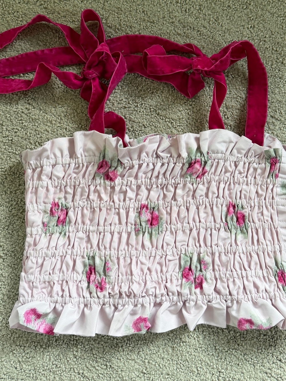 Pink Floral Smocked Tank with Magenta Tie Straps